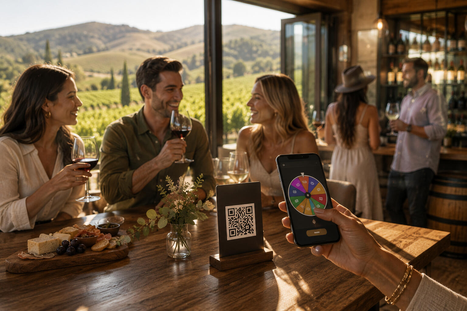 Friends at a winery enjoying a glass of wine with a woman scanning the spin & win QR Code on their table