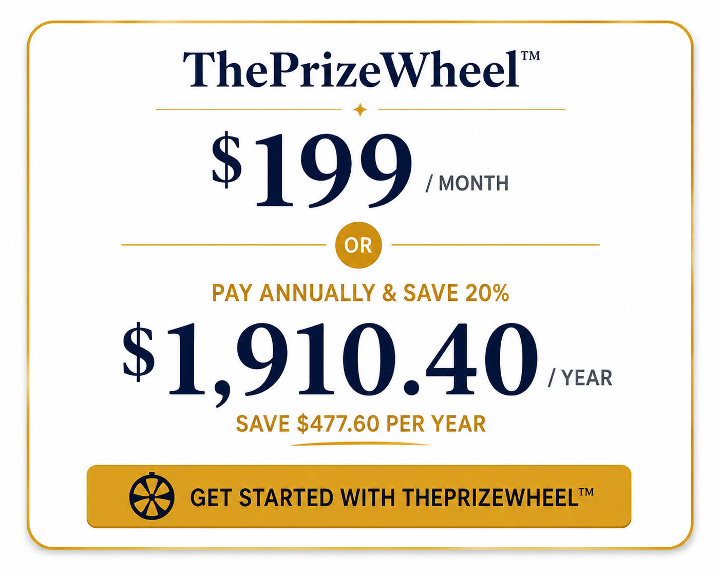 Price card showing $199 monthly price or $1,910.40 annual price which includes a 20% discount of the monthly pricing. and link to get started