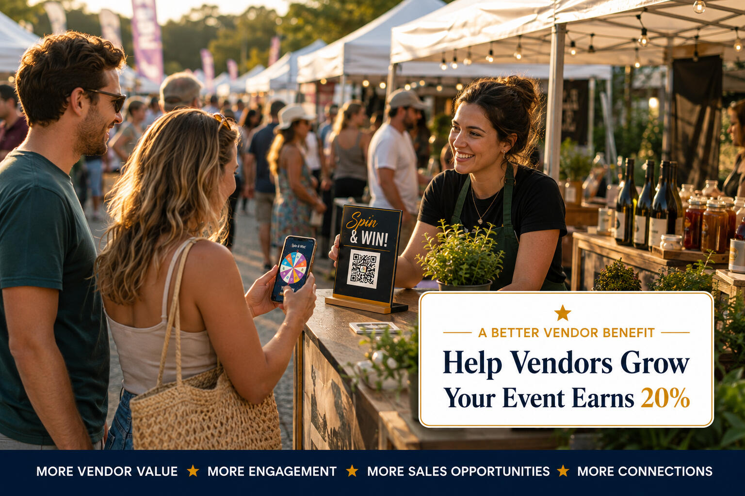 Golden Hour Market Spin & Win Golden Hour Market Spin & Win A couple spinning a prize wheel on their phone at a vendor booth