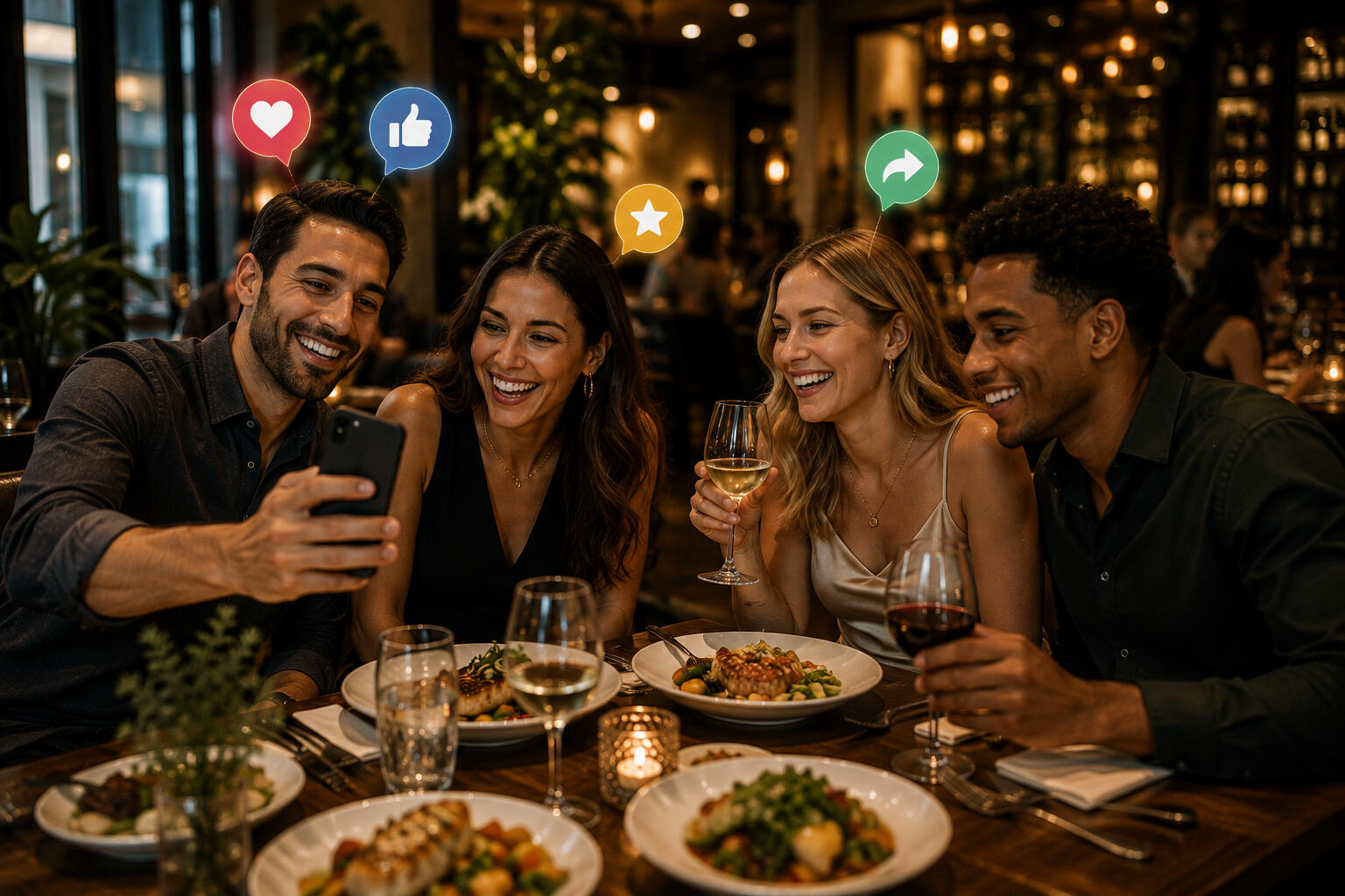 Friends having dinner at a restaurant posting to social media