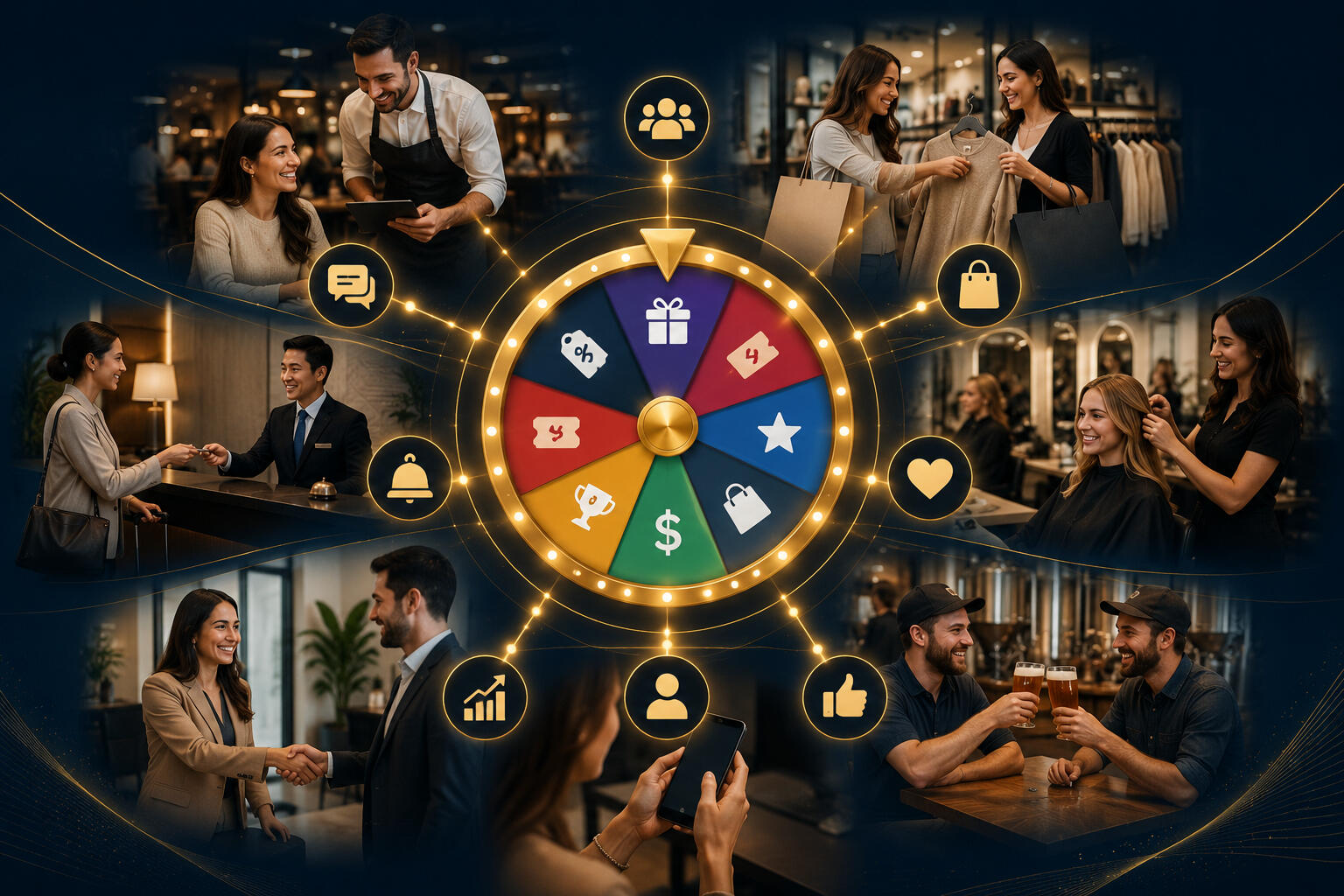 Golden Rewards Wheel Golden Rewards Wheel with different types of businesses around it