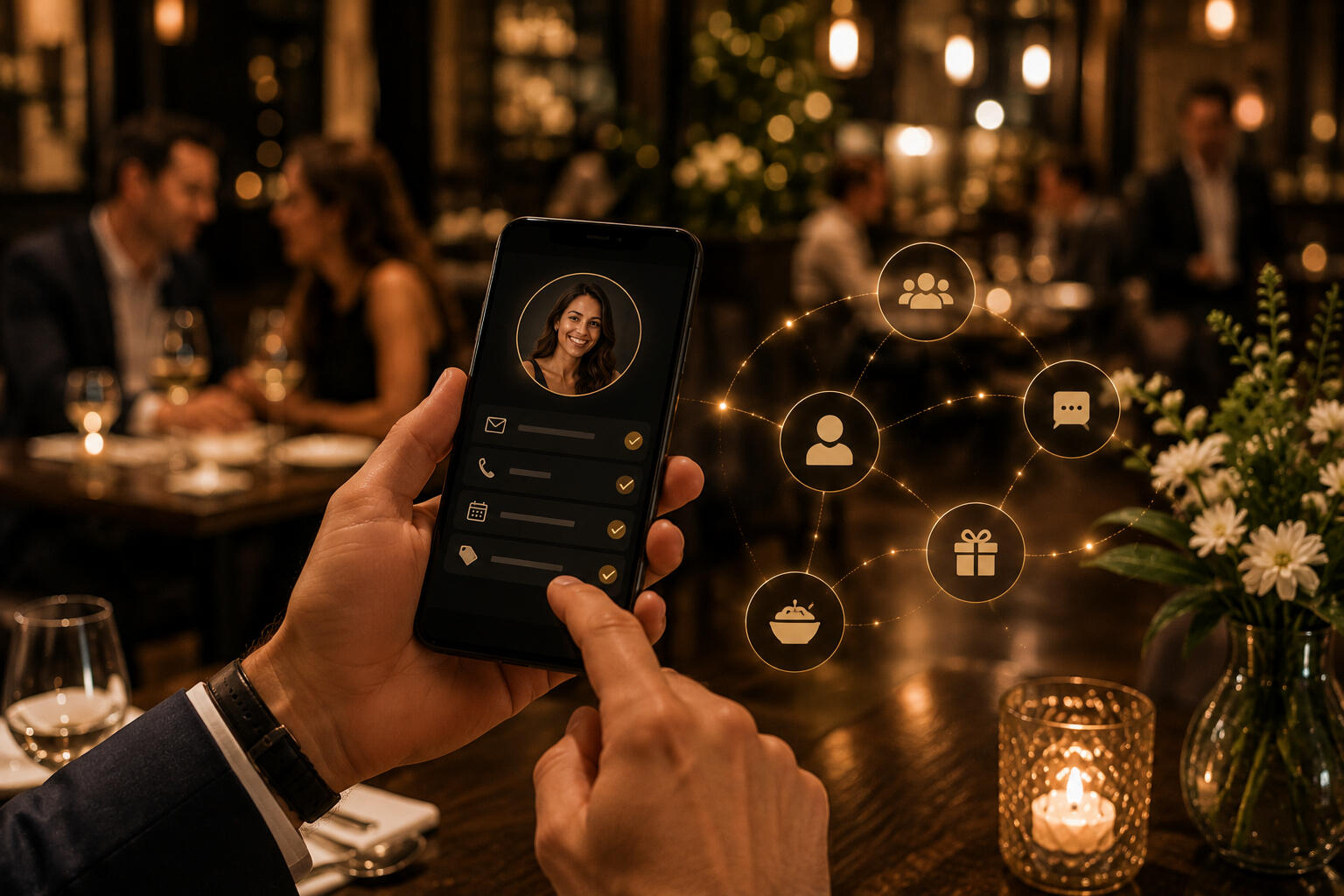 A Restauranteur looking up guest information on his phone