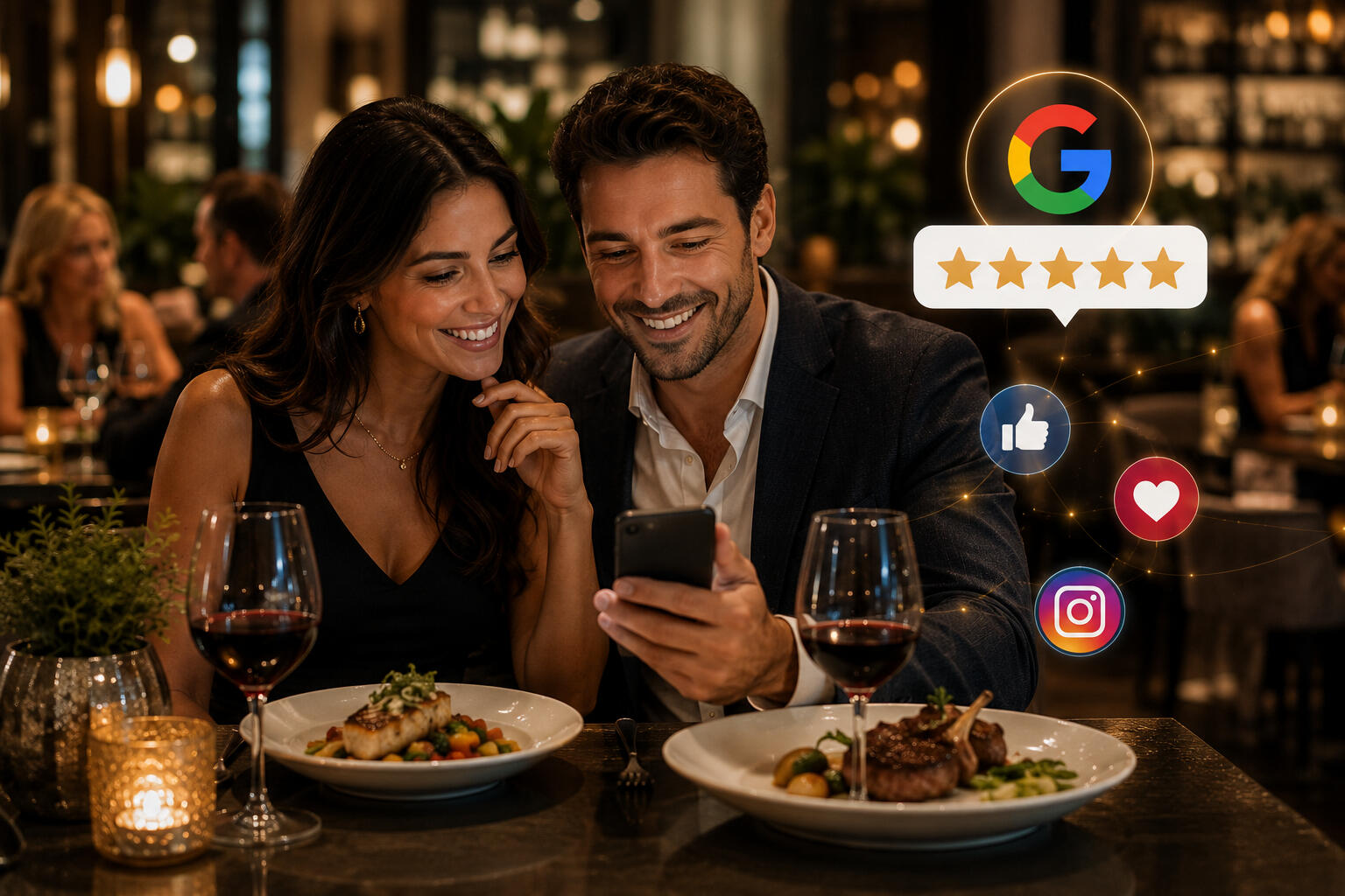 couple having dinner sharing review couple having dinner sharing review on Google, Facebook, Instagram, with a heart emoji
