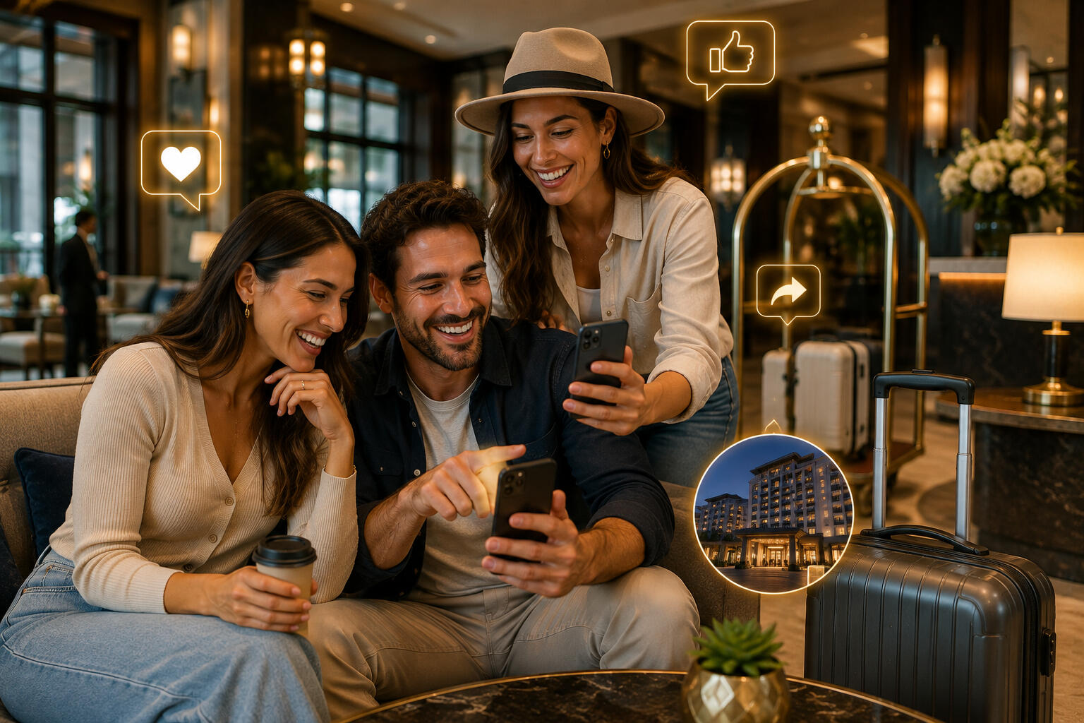 Guests posting to social media in a hotel lobby