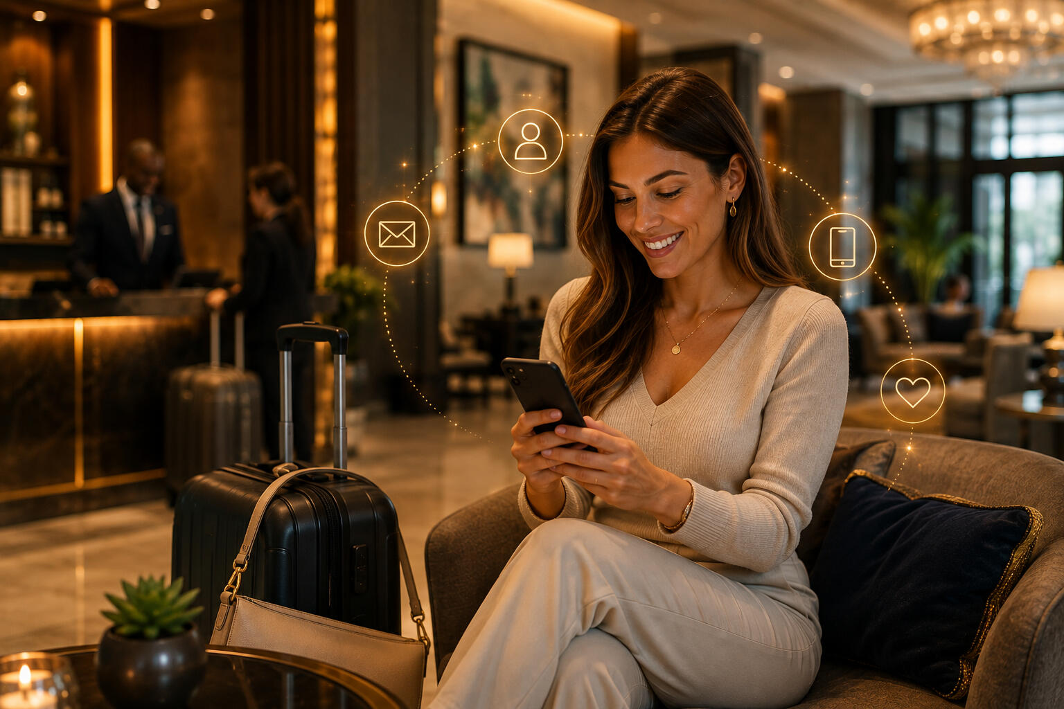 Staying Connected A woman looking at her phone sitting in a hotel lobby