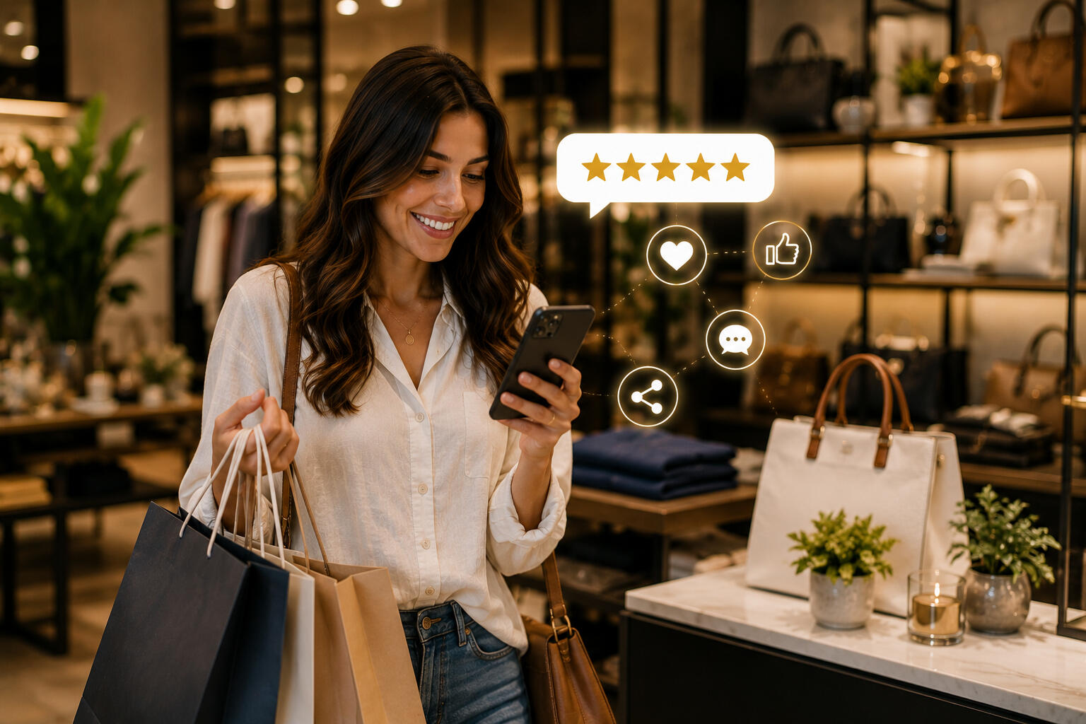 I woman shopping giving a Five-Star review