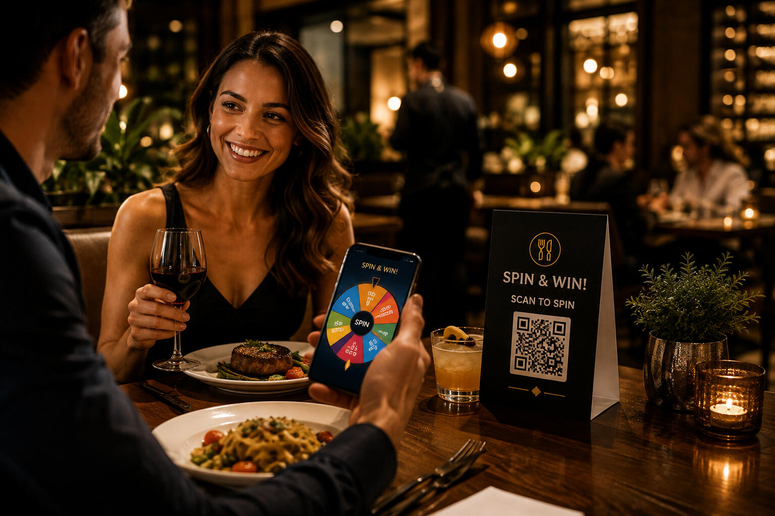A couple eating dinner and spinning the prize wheel on their phone