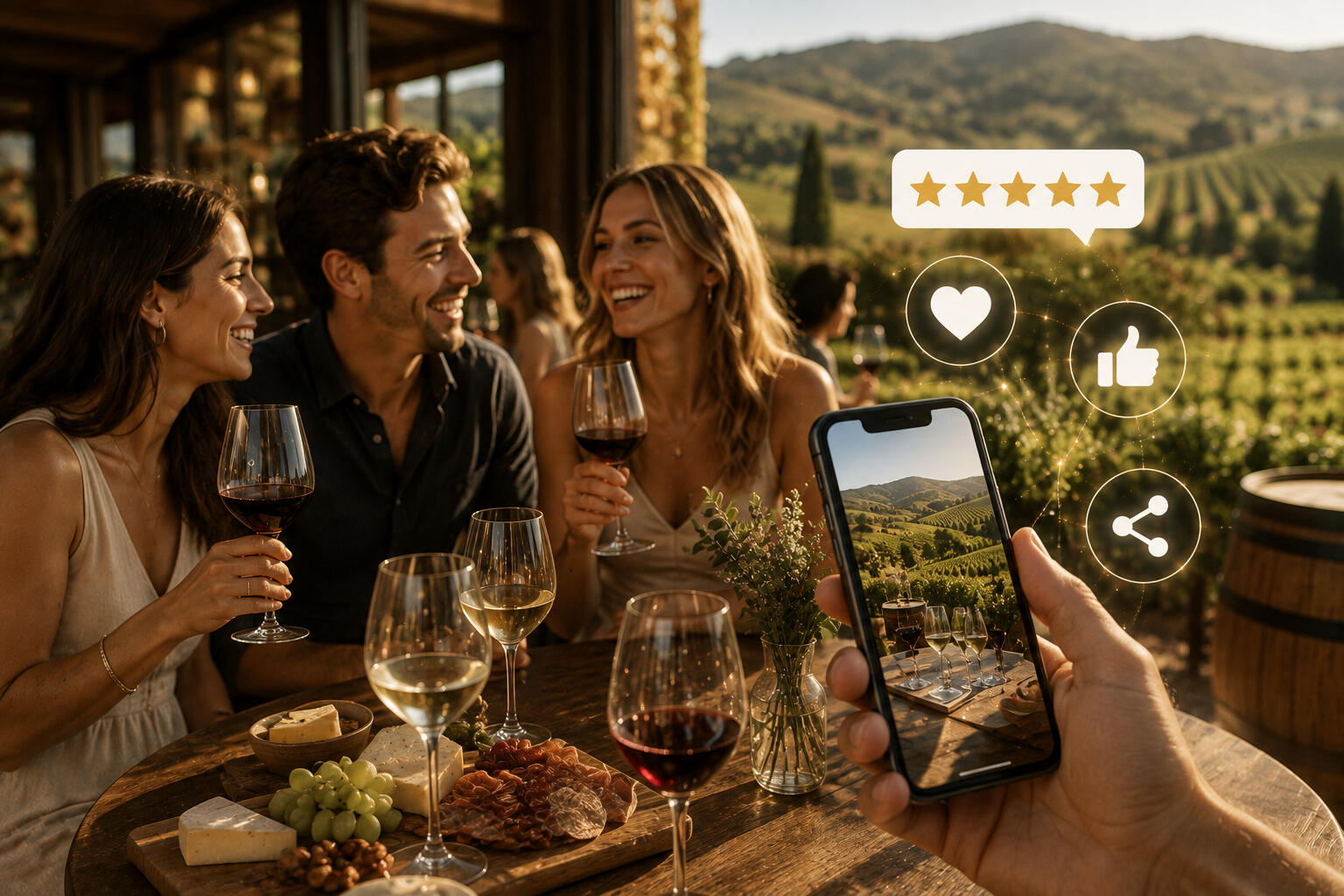 Two women and a man drinking wine laughing with a vineyard behind them