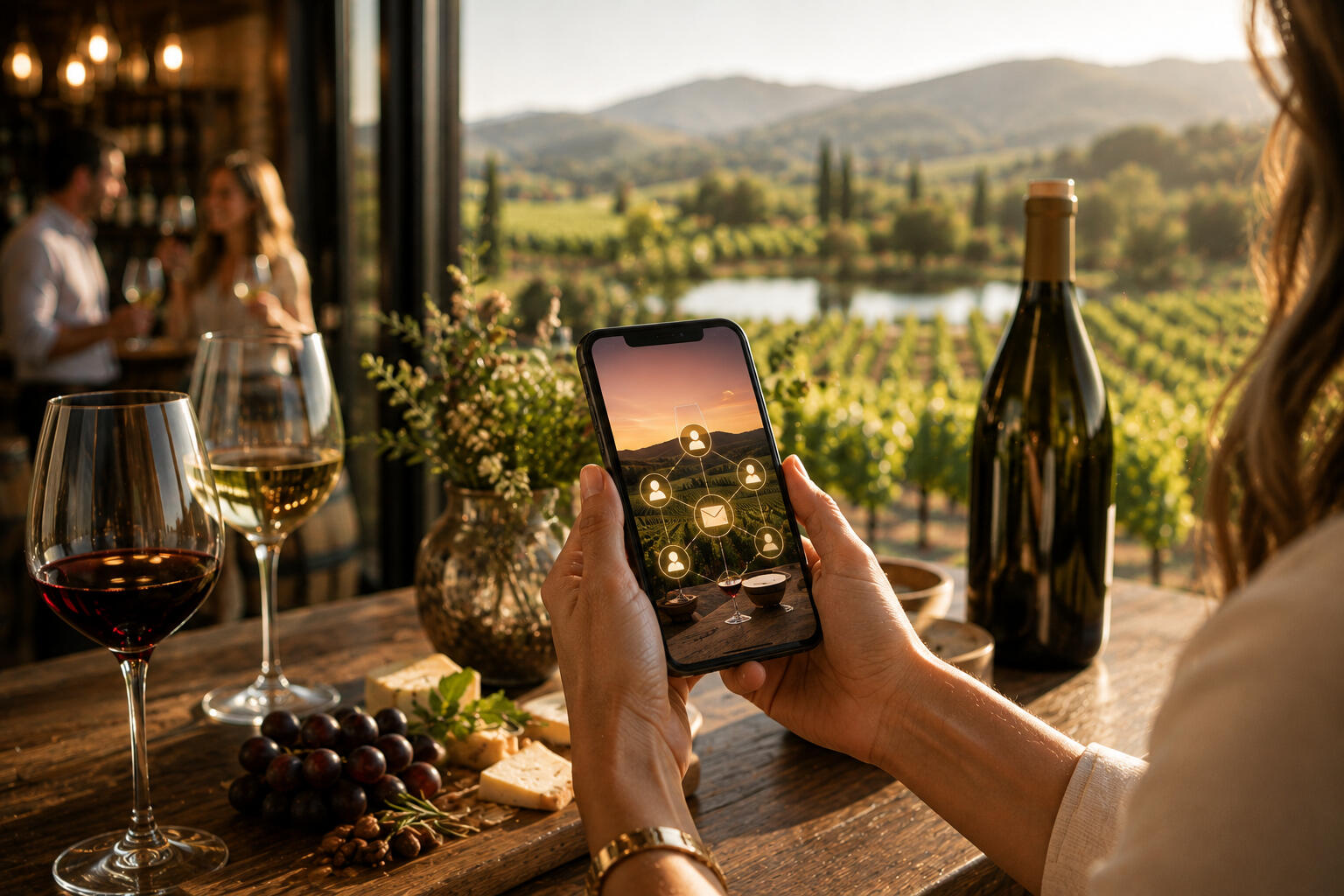 Staying Connected A woman looking at her phone with a vineyard in front of her