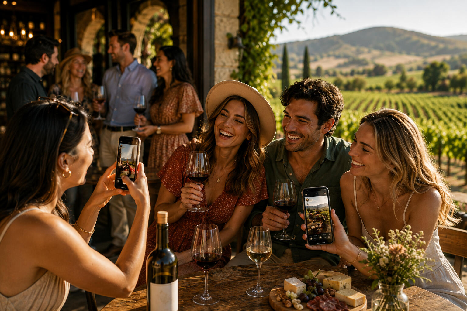 Friends having a good time at a winery Men and women drinking wine at a winery all having a good time