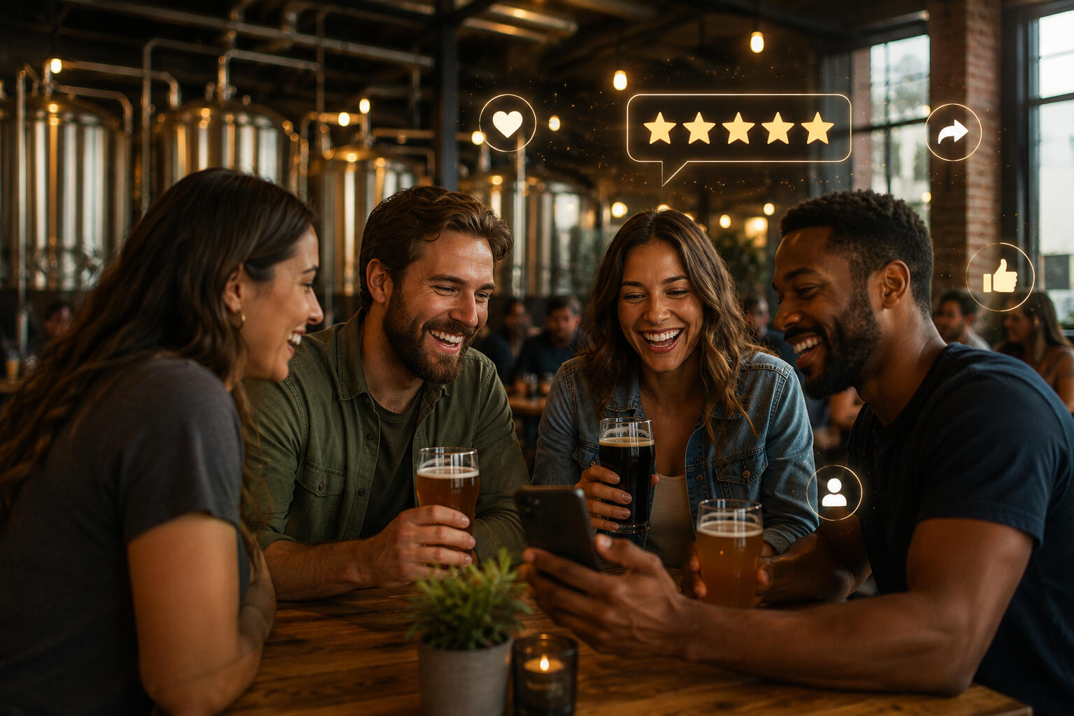 Two women and a man drinking beer providing a 5 star review