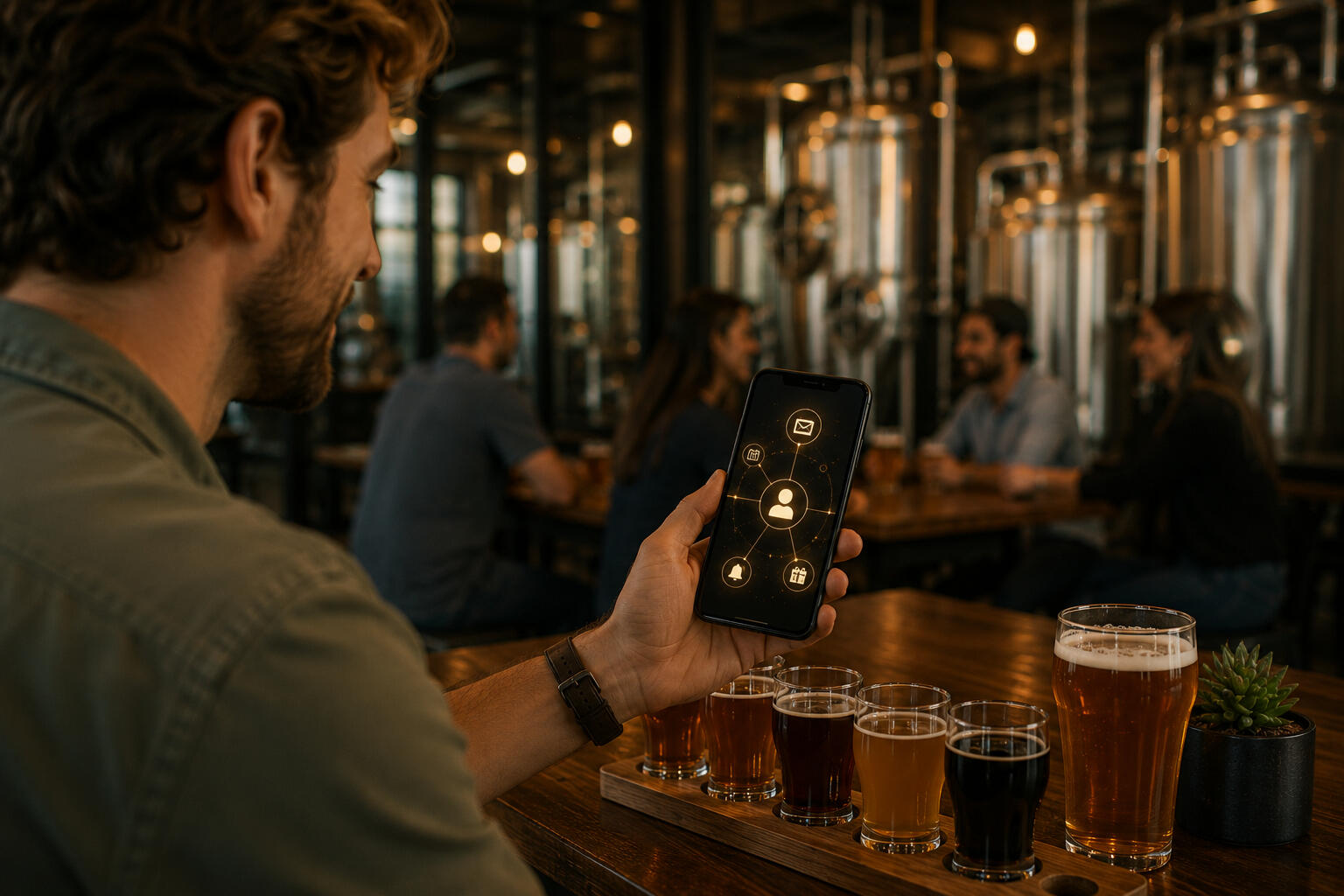 A man looking at his phone with a flight of beers in front of him