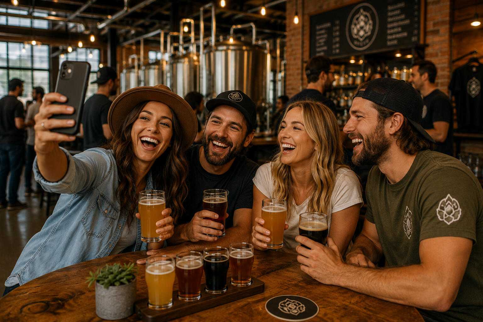 Men and women drinking beer at a brewery taking a selfie
