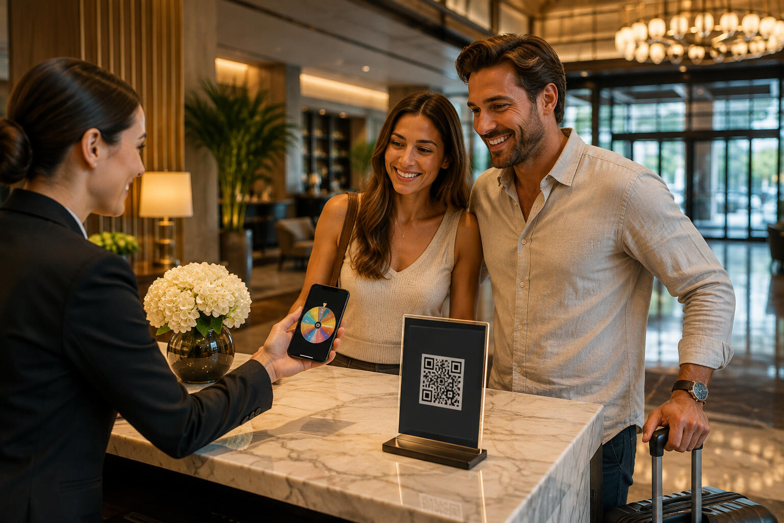 A couple checking in at a hotel seeing what their spin and win prize is