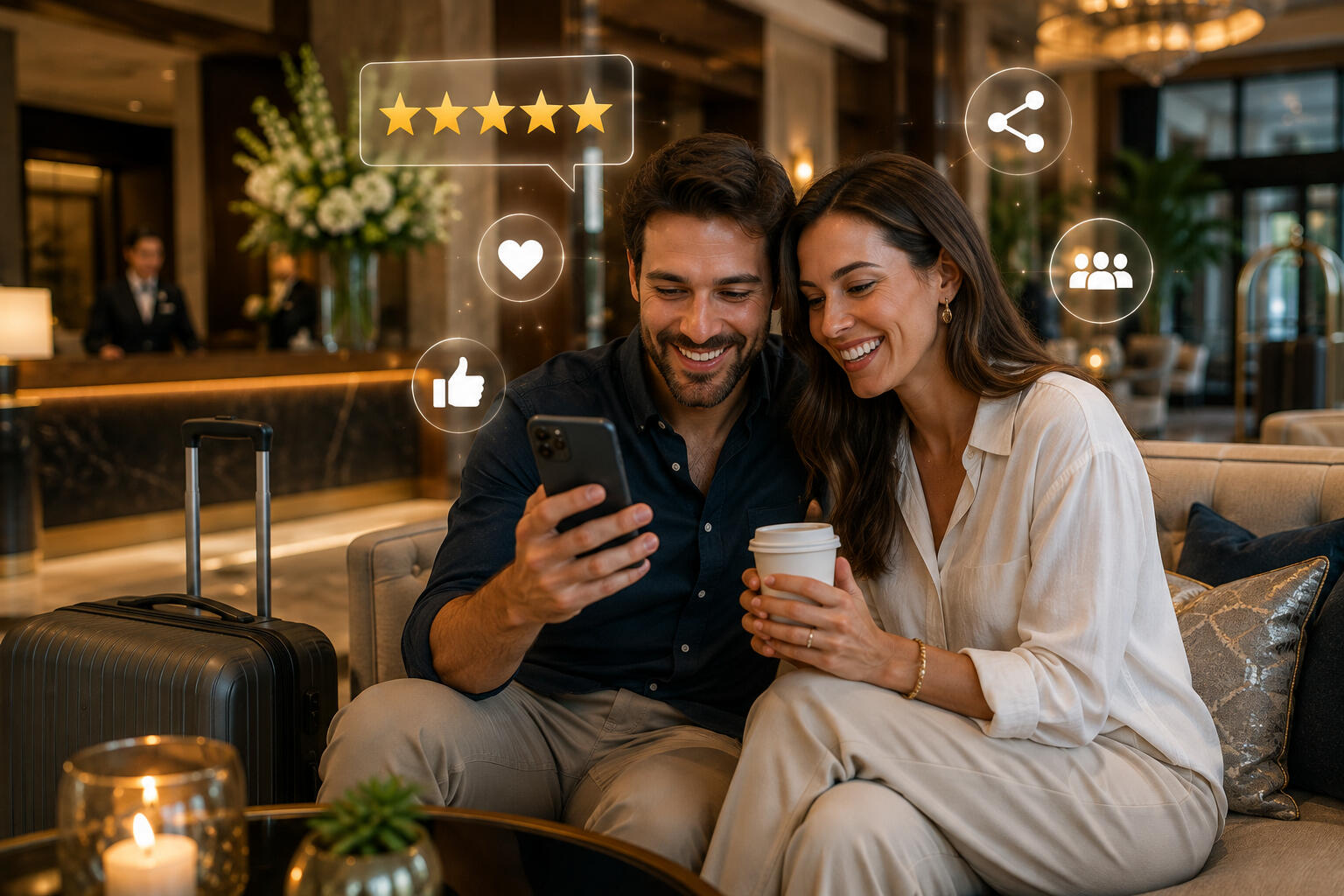 Hotel Guest posting Review A couple drinking coffee in a hotel lobby providing a 5 star review