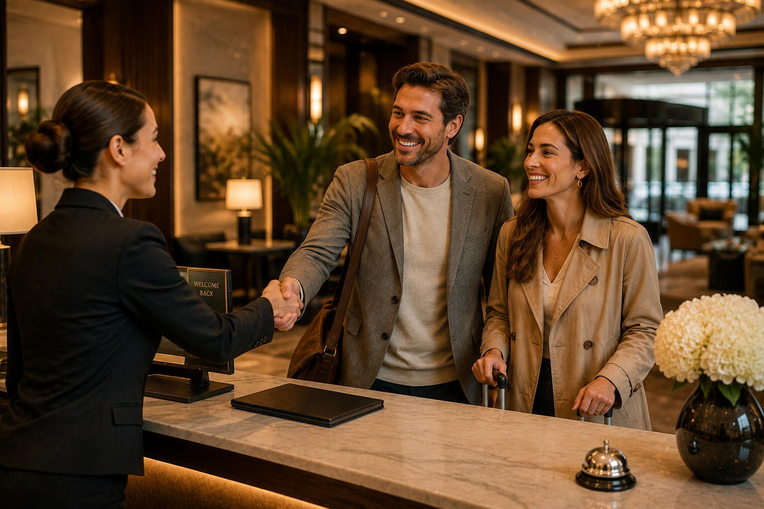 Guests Returning to Hotel A hotel manager greeting guests as they check-in