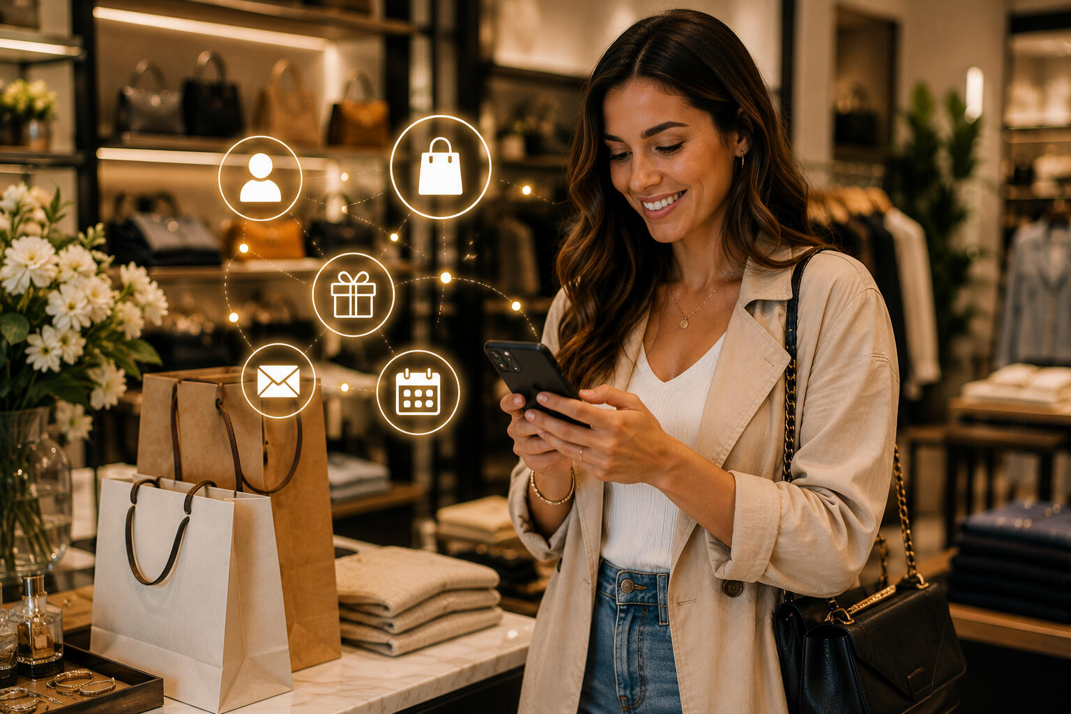 A woman shopping at a boutique while keeping connected on her cell phone