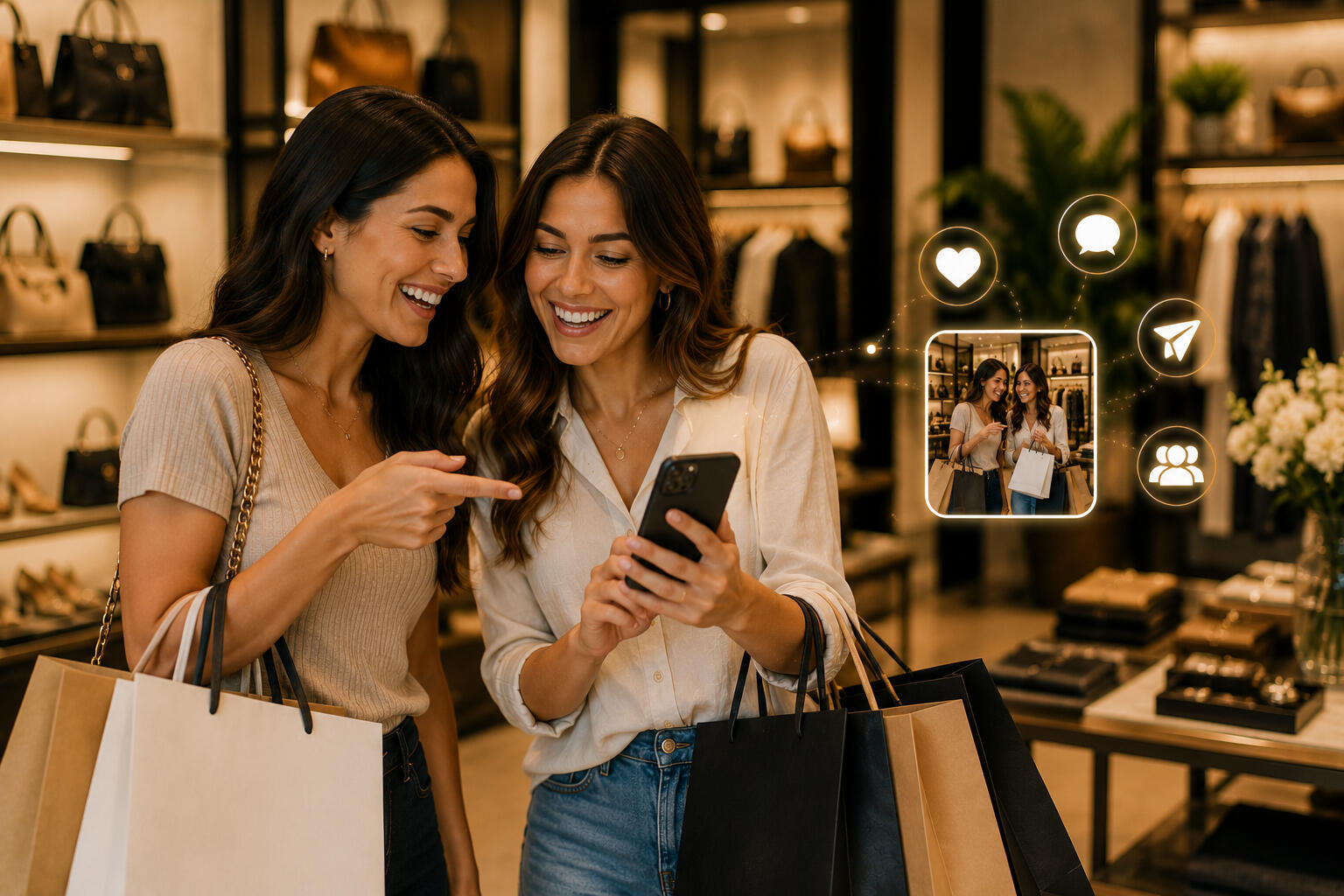 Friends Sharing Smiles and shopping together Friends Sharing Smiles and shopping together while posting on their phone