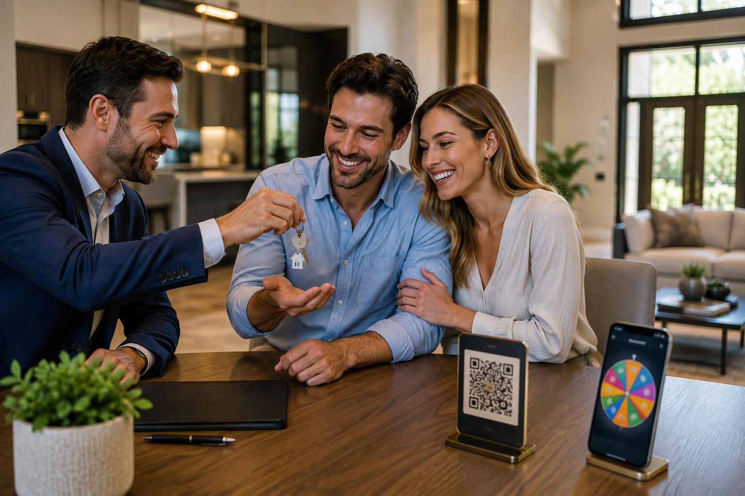 A couple getting their keys to a new house and realtor thanking them with a spin