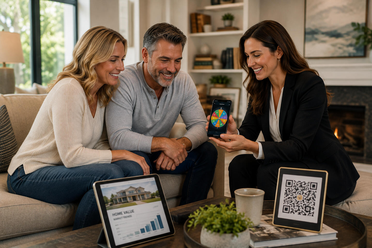A Realtor inside a couple's home giving them a chance to win