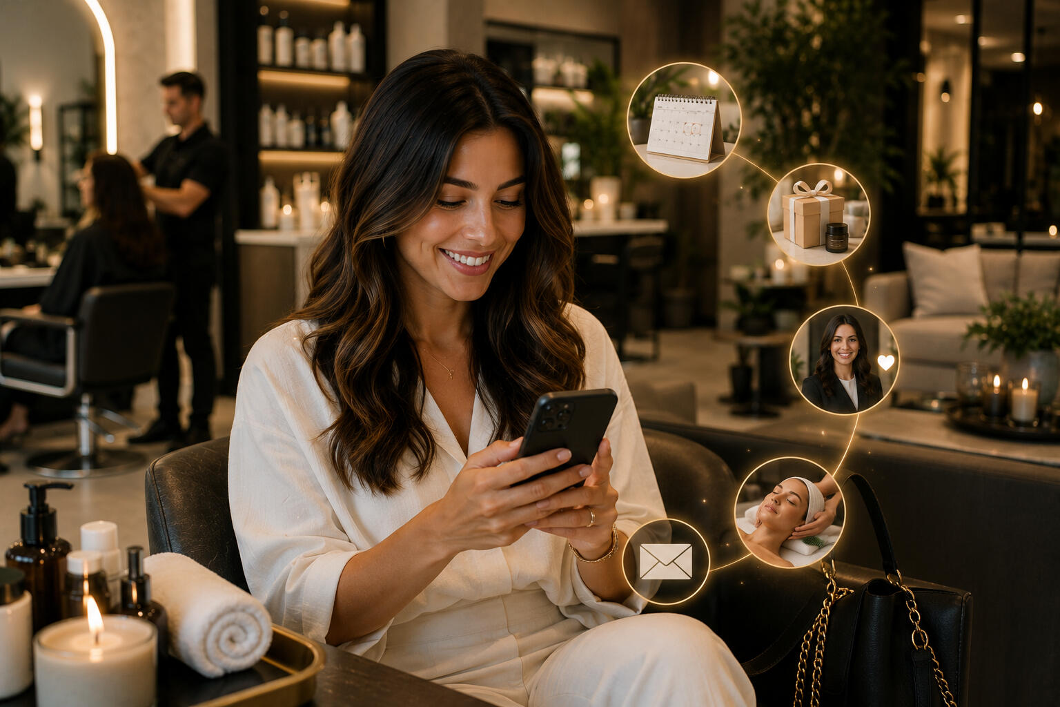 Booking her next appointment A woman sitting in a salon chair booking her next appointment on her phone