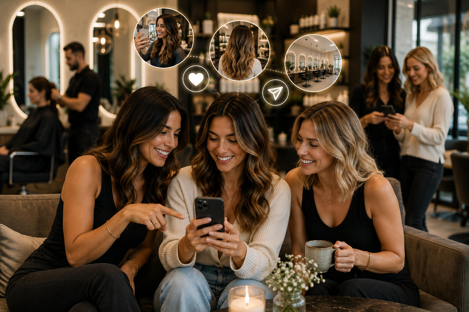 Friends Sharing Smiles in a Stylish Salon Posting to social media on their phone