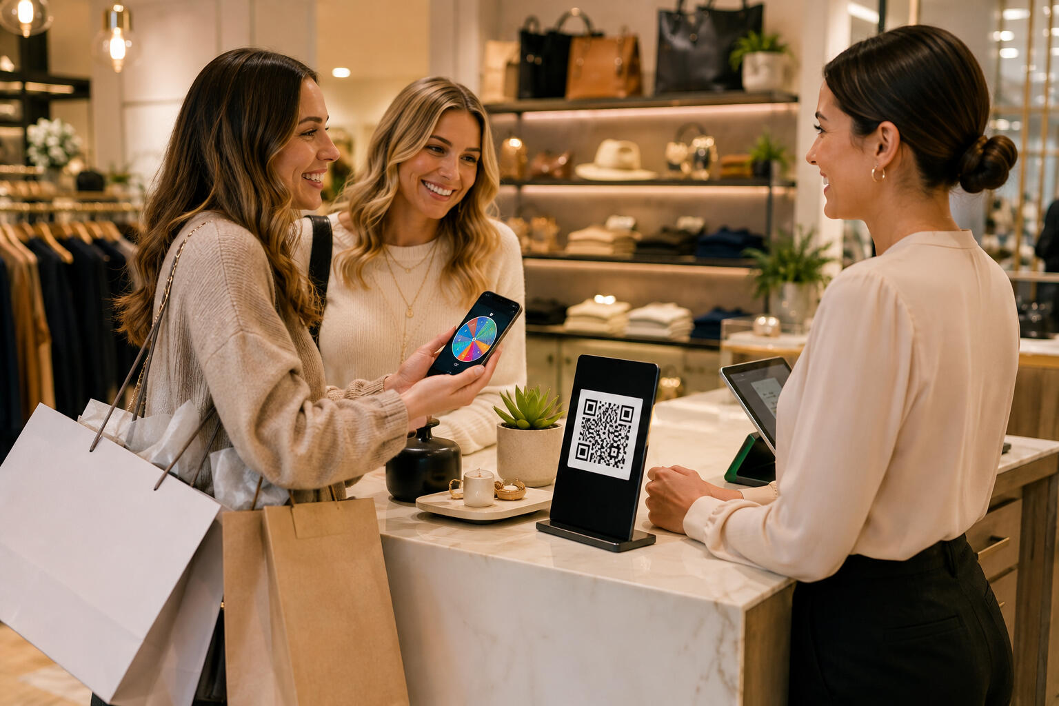 Two woman checking out at a boutique