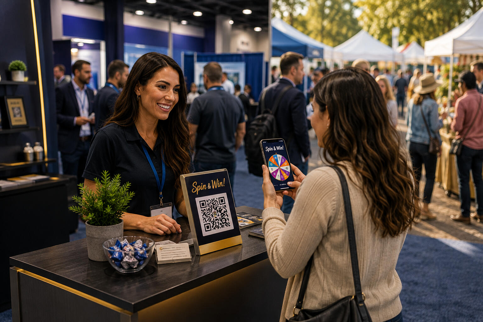A split image of a tradshow booth and festival