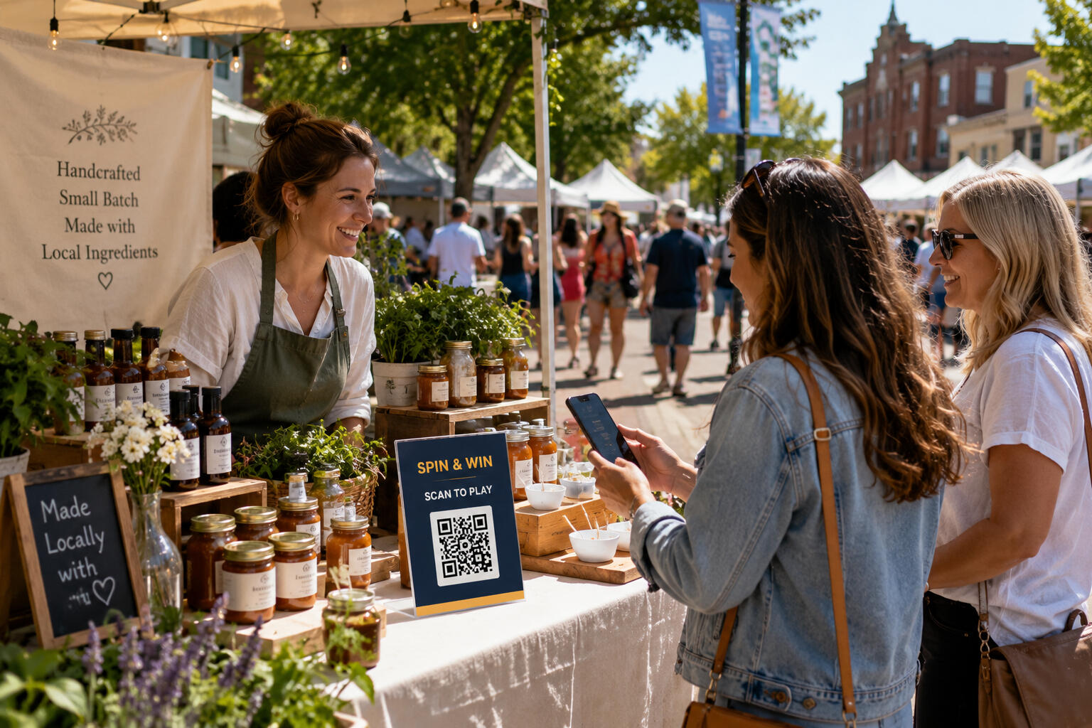 Woman visiting a booth at a farmers market