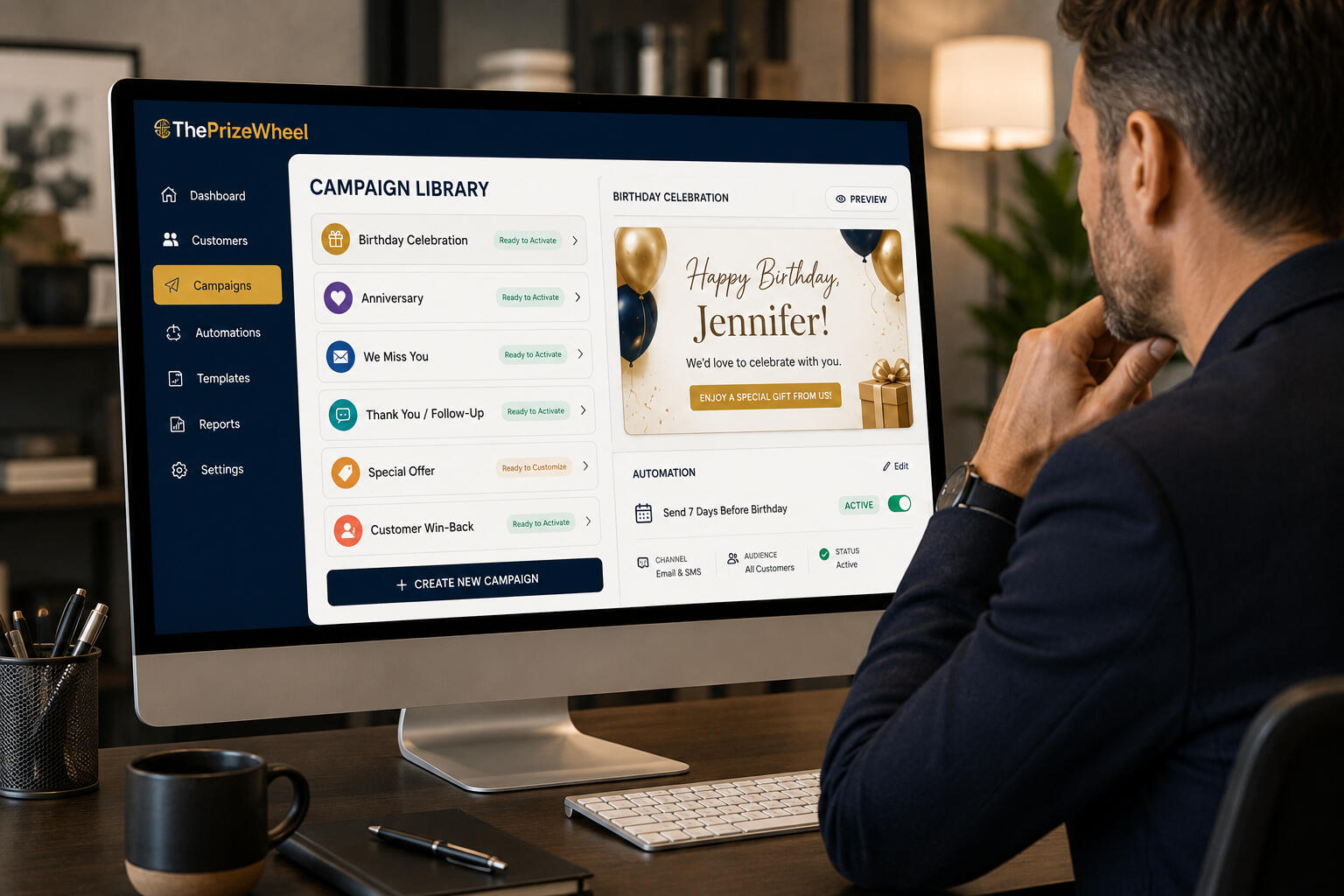 A man looking at ThePrizeWheel™ Modern Workspace Campaign Dashboard
