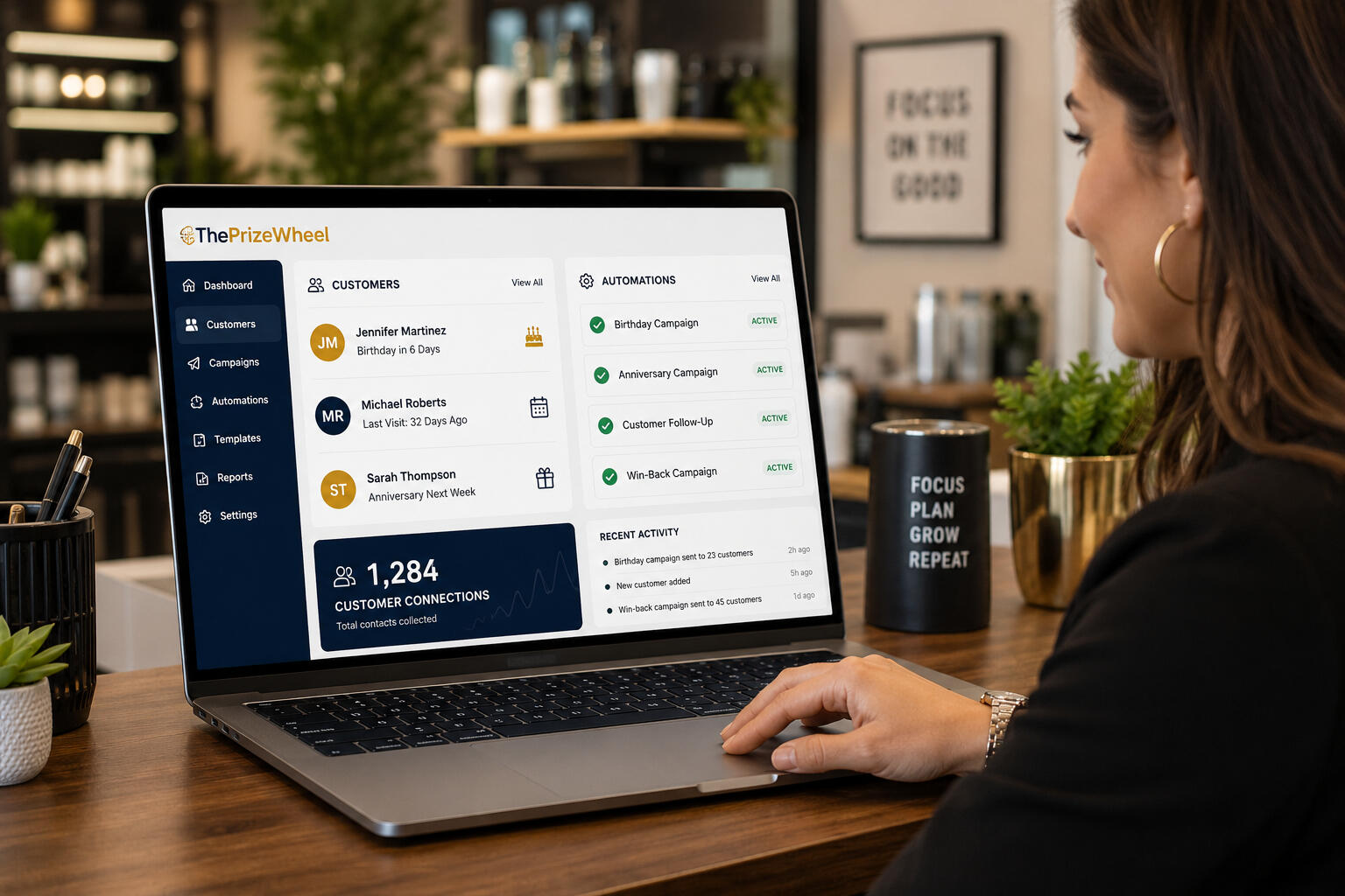 A woman looking at ThePrizeWheel™ Focused Workspace Dashboard