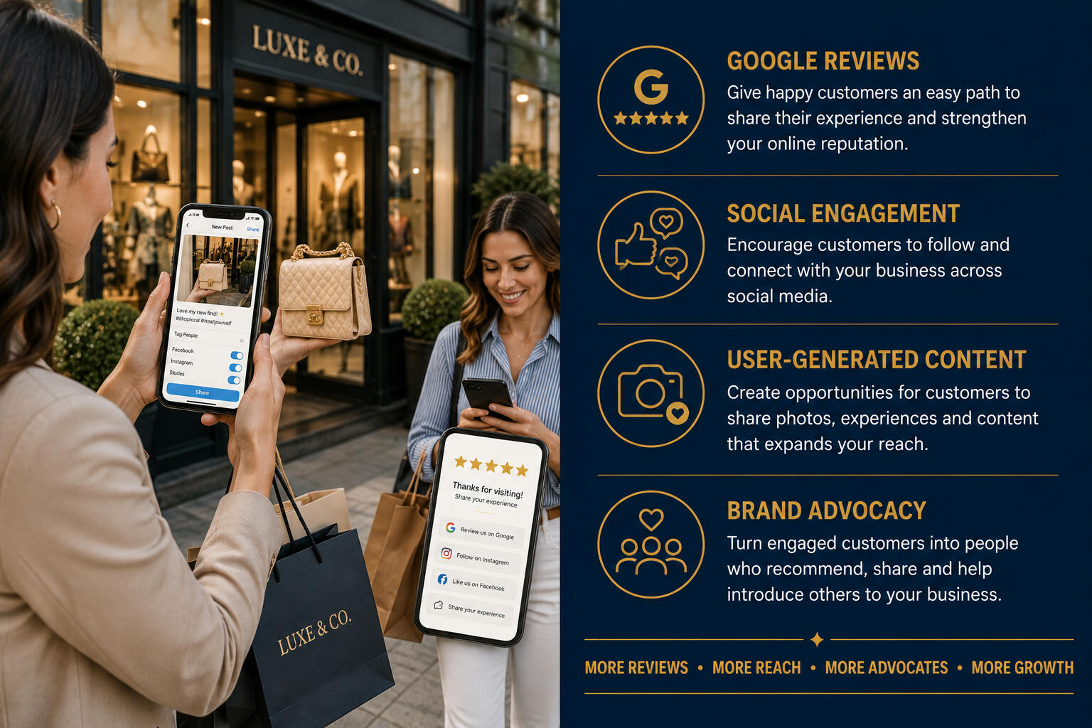 Boutique Customer Engagement Infographic with women standing outside a boutique looking at their phones, giving a review