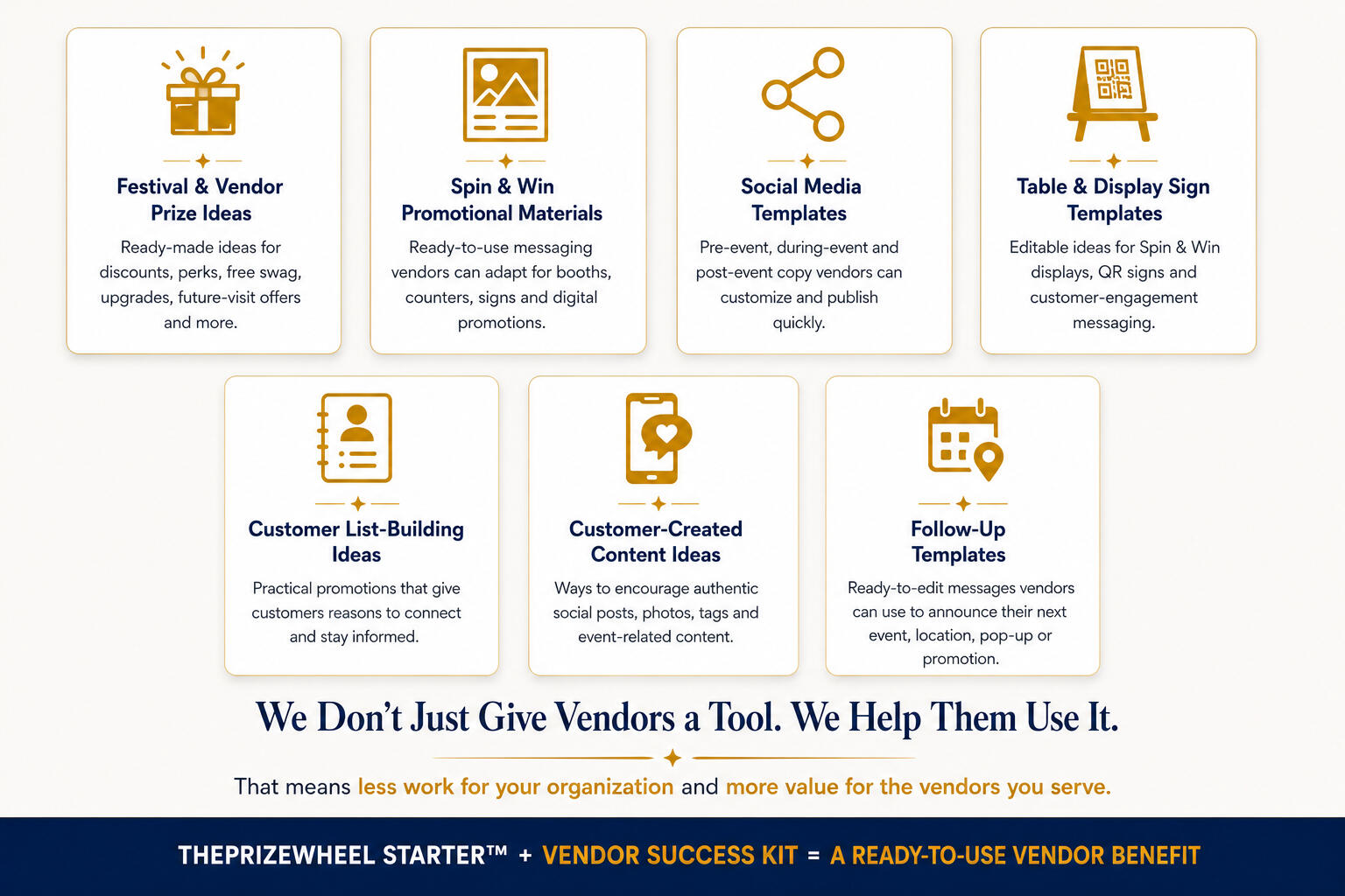 Vendor Success Kit Feature Showcase outlining what is included in the vendor kit